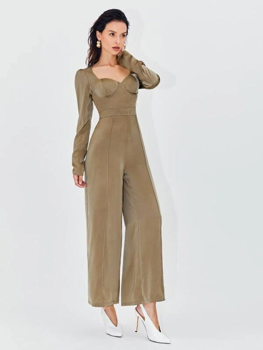 CM-JS104461 Women Elegant Seoul Style Zipper Back Wide Leg Bustier Jumpsuit - Brown