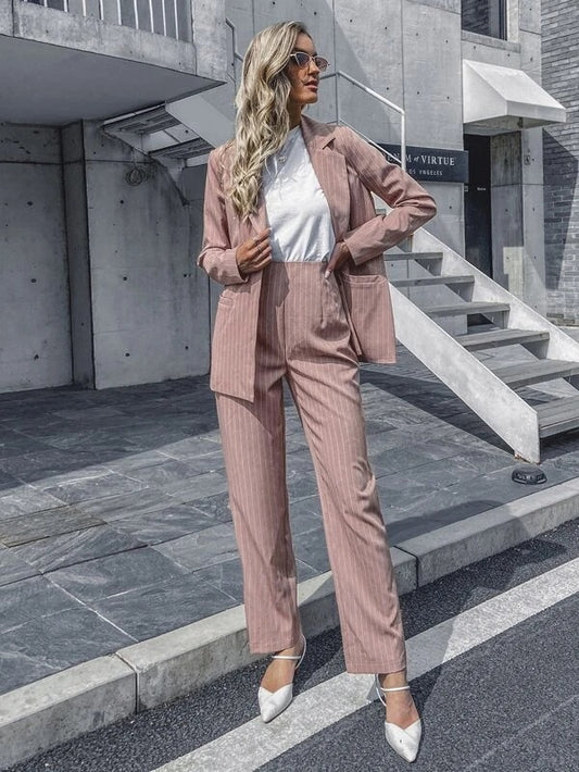 CM-SS121385 Women Elegant Seoul Style Striped Print Single Button Blazer With Long Pants - Set