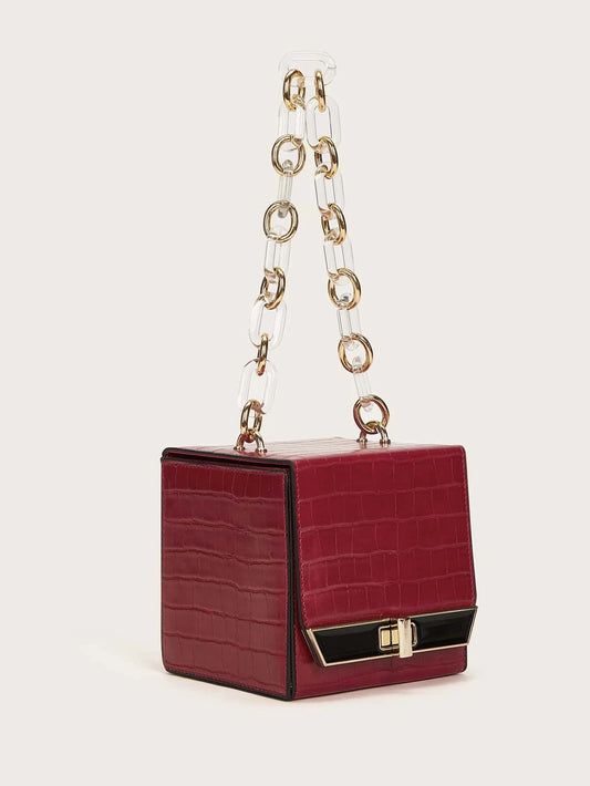 CM-BGS110350 Women Elegant Seoul Styl Mini Turn-Lock Chain Box Bag - Wine Red