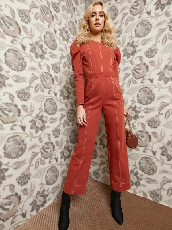 CM-JS012145 Women Elegant Seoul Style Long Sleeve Contrast Stitch Jumpsuit - Redwood