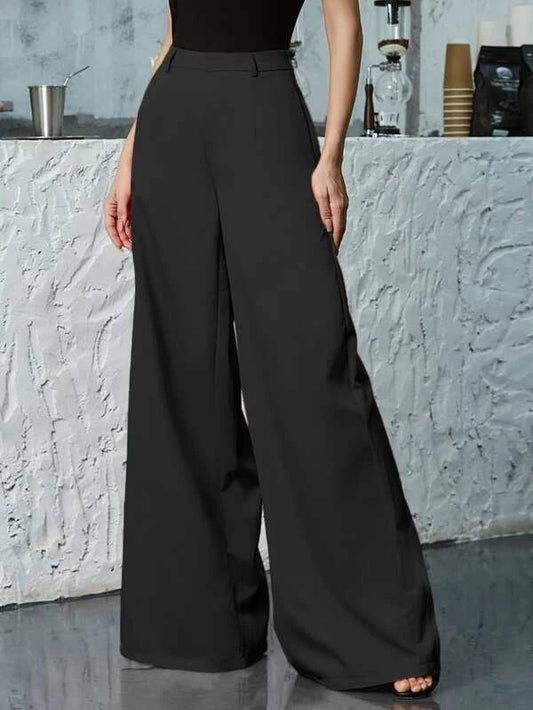 CM-BS201342 Women Elegant Seoul Style High Waist Pocket Side Wide Leg Pants - Black