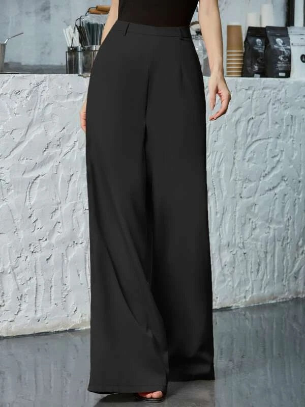 CM-BS201342 Women Elegant Seoul Style High Waist Pocket Side Wide Leg Pants - Black