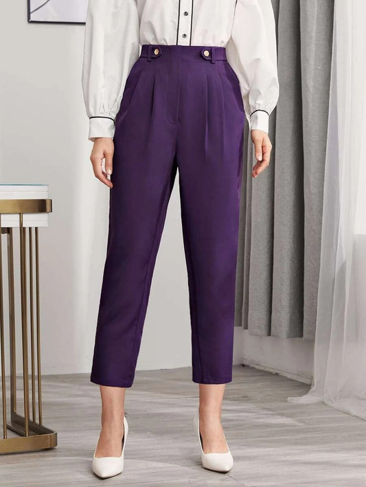 CM-BS113183 Women Casual Seoul Style High Waist Button Fold Pleated Solid Pants - Purple