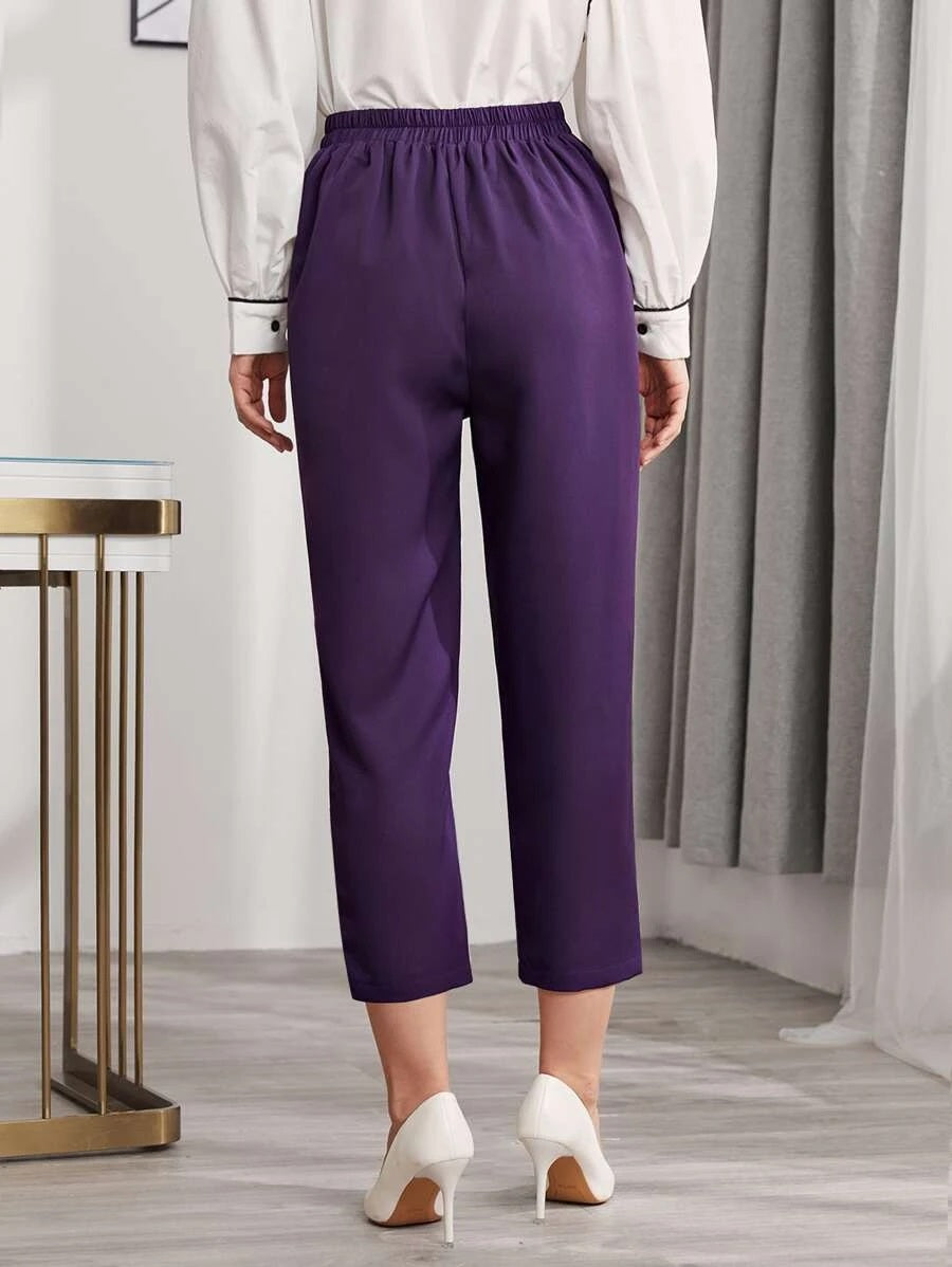 CM-BS113183 Women Casual Seoul Style High Waist Button Fold Pleated Solid Pants - Purple