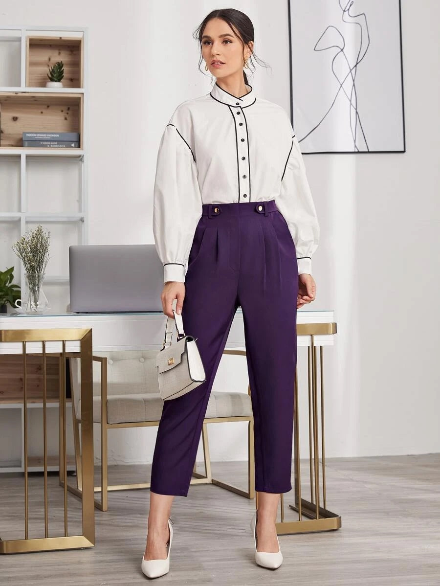 CM-BS113183 Women Casual Seoul Style High Waist Button Fold Pleated Solid Pants - Purple