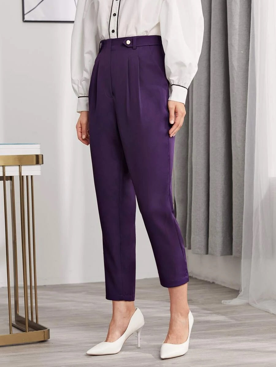 CM-BS113183 Women Casual Seoul Style High Waist Button Fold Pleated Solid Pants - Purple