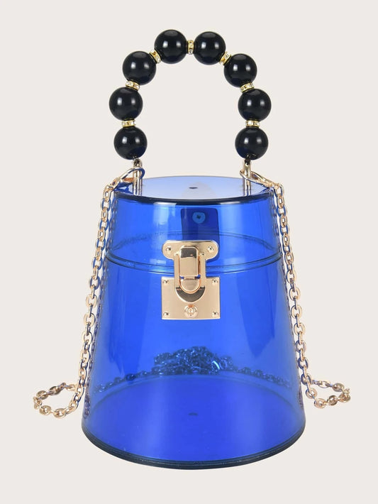 CM-BGS202394 Women Trendy Seoul Style Mini Beaded Handle Clear Satchel Bag - Blue