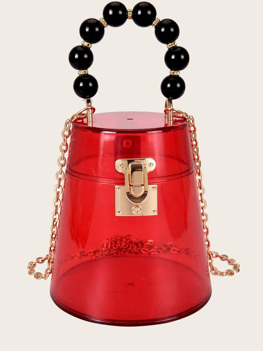 CM-BGS202750 Women Trendy Seoul Style Mini Beaded Handle Clear Satchel Bag - Red