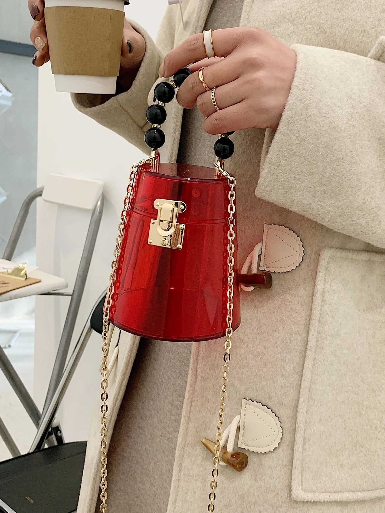 CM-BGS202750 Women Trendy Seoul Style Mini Beaded Handle Clear Satchel Bag - Red