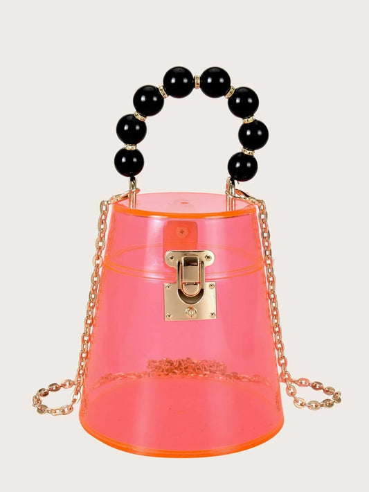 CM-BGS202320 Women Trendy Seoul Style Mini Beaded Handle Clear Satchel Bag - Pink