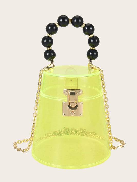 CM-BGS202760 Women Trendy Seoul Style Mini Beaded Handle Clear Satchel Bag - Yellow