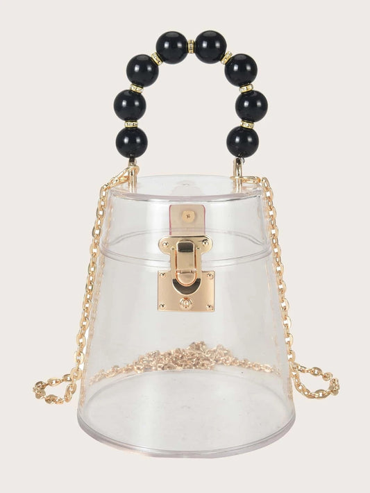 CM-BGS202437 Women Trendy Seoul Style Mini Beaded Handle Clear Satchel Bag - White