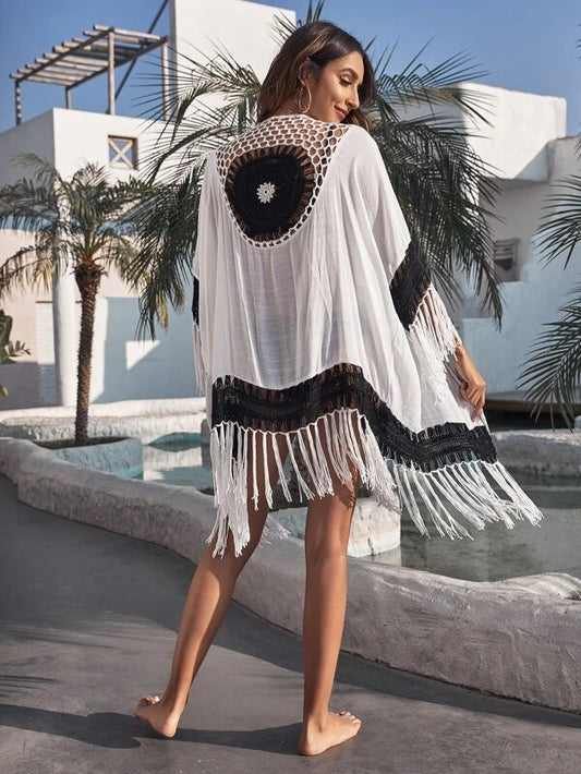 CM-SWS117369 Women Trendy Bohemian Style Color Block Fringe Trim Kimono - White