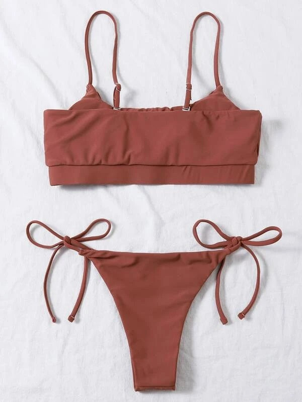 CM-SWS203690 Women Trendy Seoul Style Ruched Bust Tie Side Bikini Swimsuit - Redwood