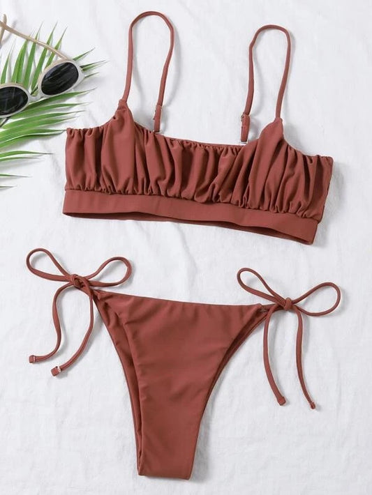 CM-SWS203690 Women Trendy Seoul Style Ruched Bust Tie Side Bikini Swimsuit - Redwood