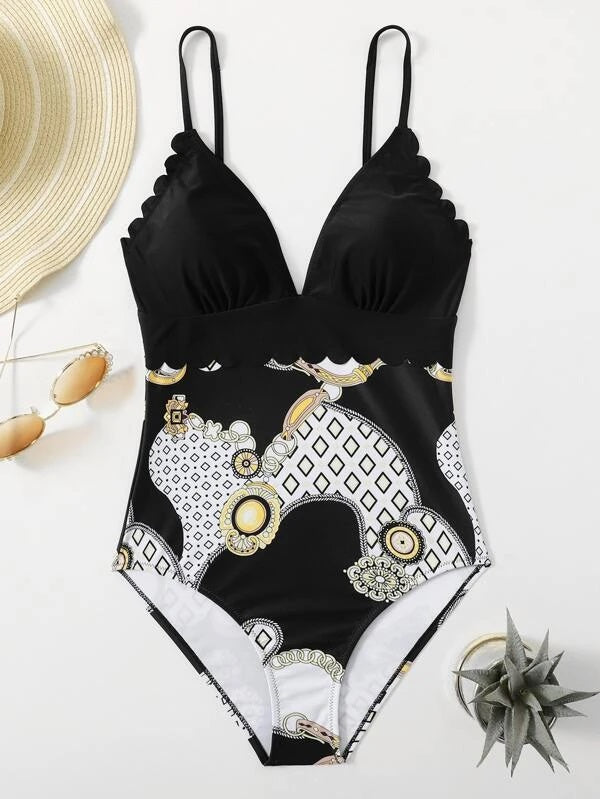 CM-SWS207033 Women Trendy Seoul Style Graphic Scallop Trim One Piece Swimsuit - Black