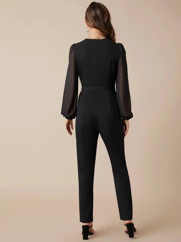 CM-JS029821 Women Elegant Seoul Style V-Neck Lantern Sleeve Belted Solid Jumpsuit - Black