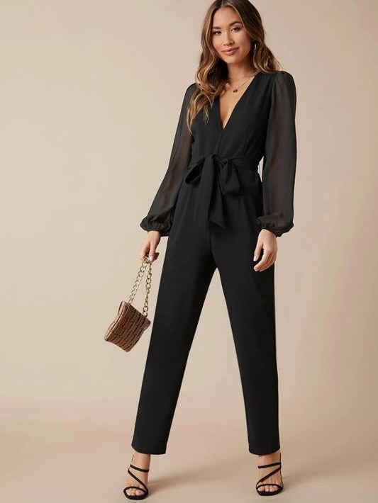 CM-JS029821 Women Elegant Seoul Style V-Neck Lantern Sleeve Belted Solid Jumpsuit - Black