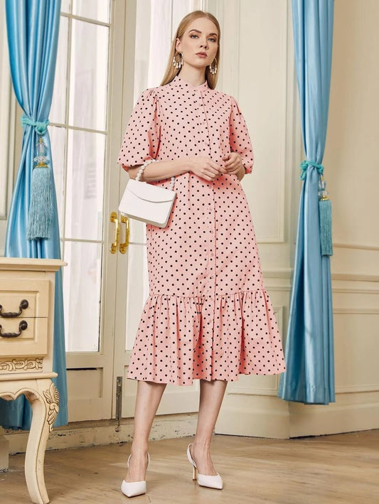 CM-DS125233 Women Casual Seoul Style Lantern Sleeve Flounce Hem Polka Dot Shirt Dress - Pink