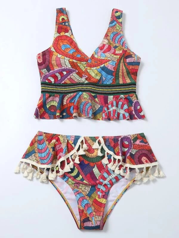 CM-SWS024880 Women Trendy Seoul Style Graphic Print Tassel Ruffle Bikini Swimsuit