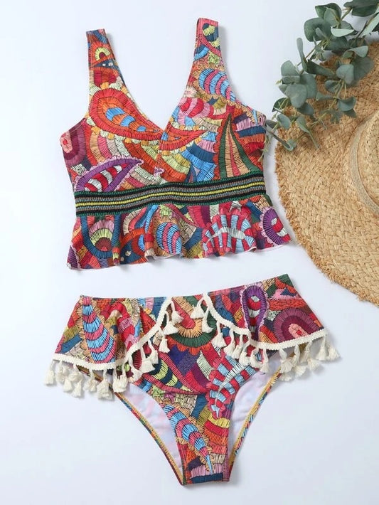 CM-SWS024880 Women Trendy Seoul Style Graphic Print Tassel Ruffle Bikini Swimsuit