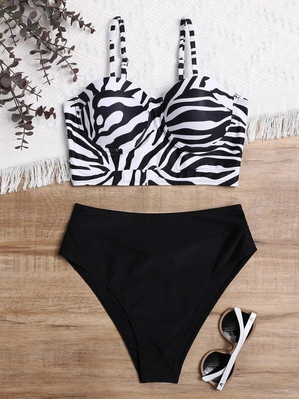 CM-SWS210829 Women Trendy Seoul Style Zebra Striped Pattern Bikini Swimsuit - Black