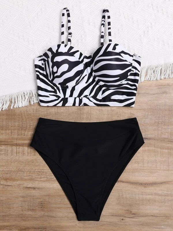 CM-SWS210829 Women Trendy Seoul Style Zebra Striped Pattern Bikini Swimsuit - Black