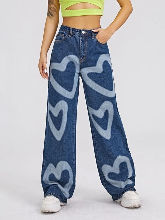 CM-BS123507 Women Casual Seoul Style High Waist Heart Print Wide Leg Jeans