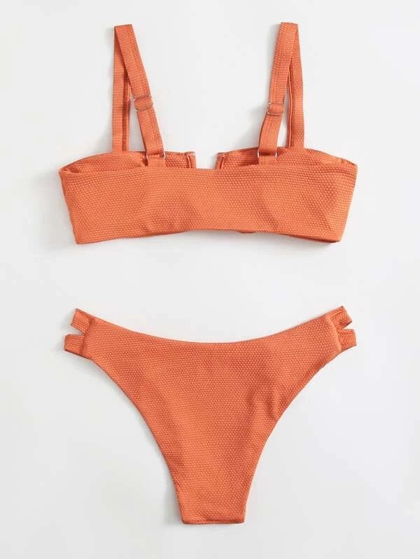 CM-SWS210663 Women Trendy Seoul Style Knot V Wired Cut-Out Bikini Swimsuit - Orange