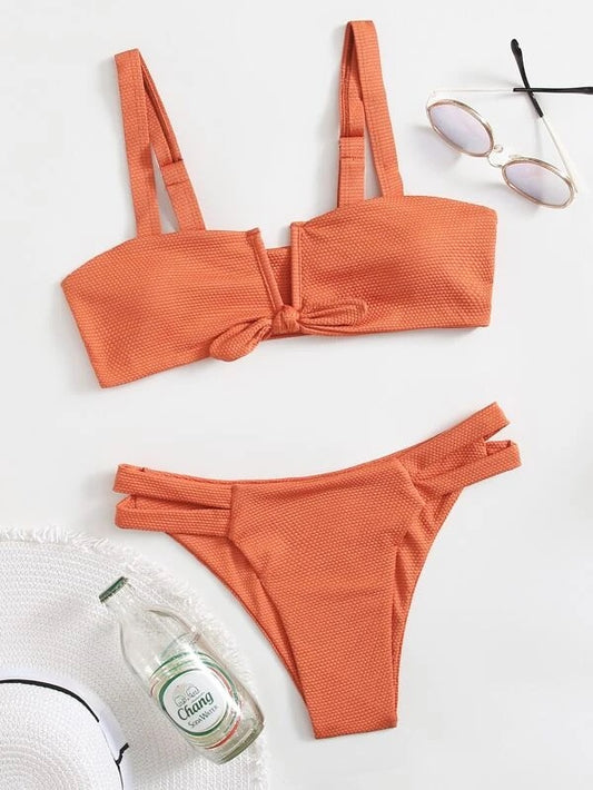 CM-SWS210663 Women Trendy Seoul Style Knot V Wired Cut-Out Bikini Swimsuit - Orange