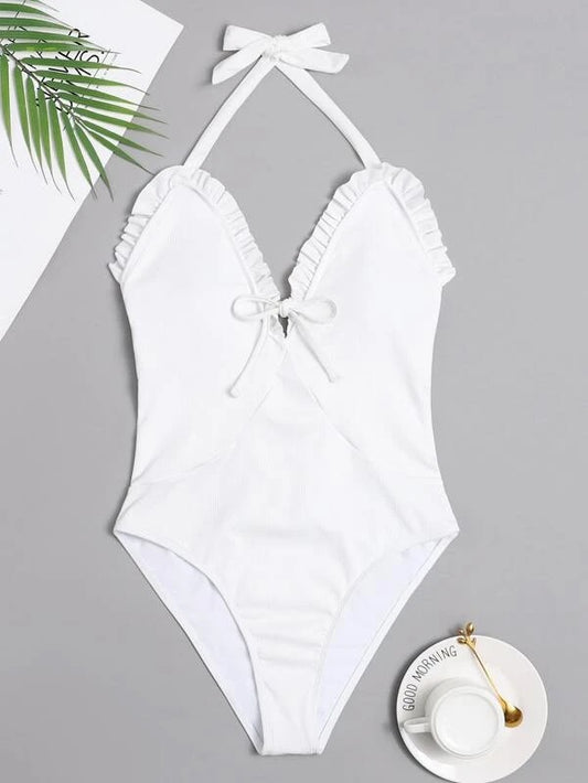 CM-SWS202561 Women Trendy Seoul Style Rib Ruffle Hem One Piece Swimsuit - White