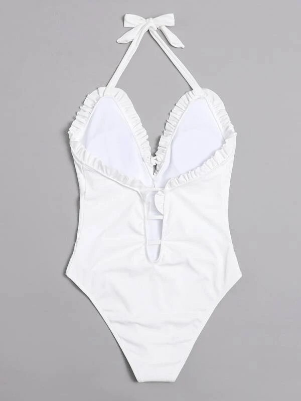 CM-SWS202561 Women Trendy Seoul Style Rib Ruffle Hem One Piece Swimsuit - White