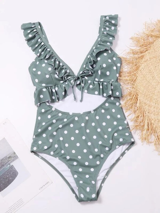 CM-SWS126670 Women Trendy Seoul Style Polka Dot Ruffle One Piece Swimsuit