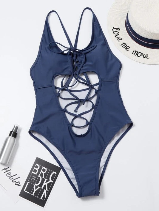 CM-SWS126998 Women Trendy Seoul Style Cut-Out Lace-Up One Piece Swimsuit - Navy Blue