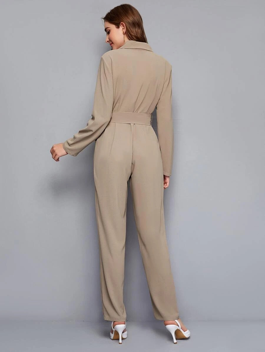 CM-JS201424 Women Elegant Seoul Style Notched Collar Buttoned Front Self Belted Jumpsuit - Khaki
