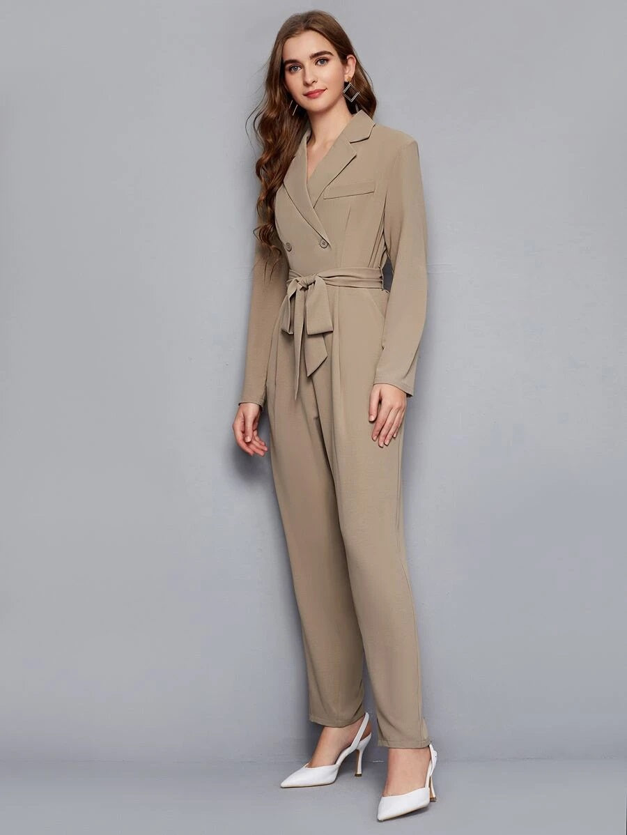 CM-JS201424 Women Elegant Seoul Style Notched Collar Buttoned Front Self Belted Jumpsuit - Khaki