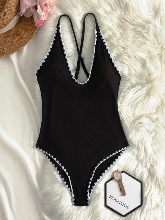 CM-SWS215242 Women Trendy Seoul Style Rib One Piece Swimsuit - Black