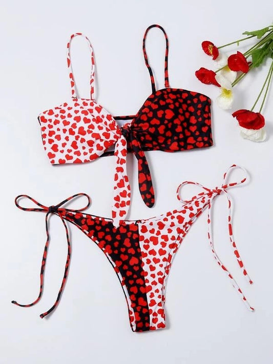 CM-SWS212941 Women Trendy Seoul Style Heart Print Tie Side Bikini Swimsuit