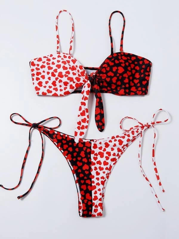 CM-SWS212941 Women Trendy Seoul Style Heart Print Tie Side Bikini Swimsuit