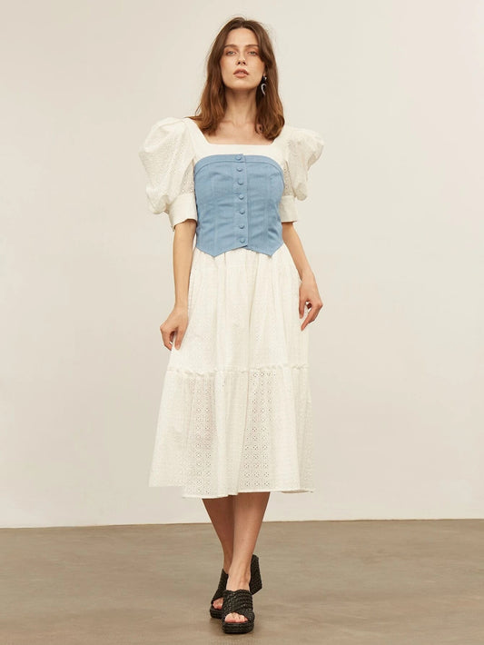 CM-ES022322 Women Elegant Seoul Style Cotton Puff Sleeve Midi Dress With Bandeau