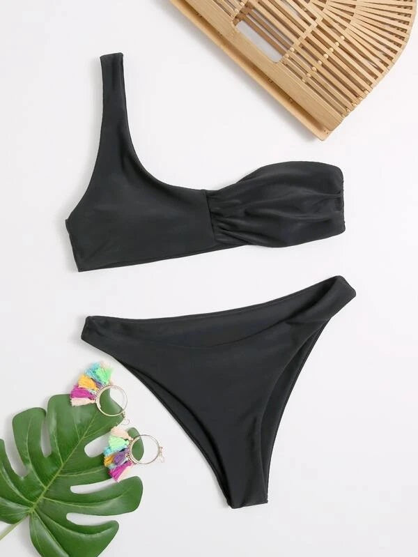 CM-SWS214628 Women Trendy Seoul Style Solid One Shoulder Bikini Swimsuit - Black