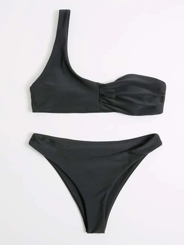 CM-SWS214628 Women Trendy Seoul Style Solid One Shoulder Bikini Swimsuit - Black