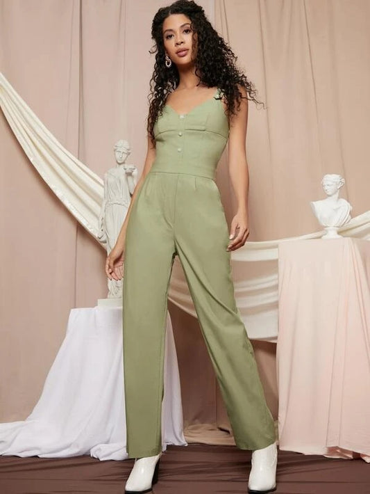 CM-JS027426 Women Elegant Seoul Style Sleeveless Button Front Solid Overalls - Mint Green
