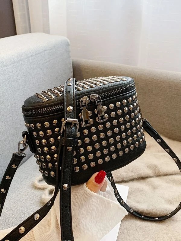 CM-BGS218131 Women Trendy Seoul Style Rivet Decor Bucket Bag - Black