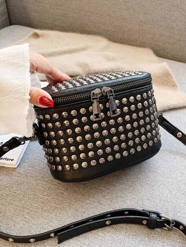 CM-BGS218131 Women Trendy Seoul Style Rivet Decor Bucket Bag - Black