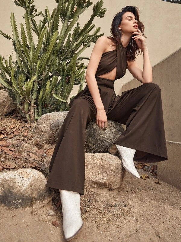 CM-JS207569 Women Elegant Seoul Style Halterneck Tie Back Cut-out Wide Leg Jumpsuit - Brown