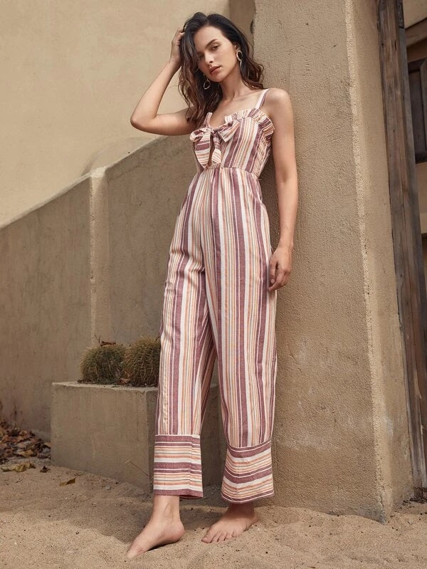 CM-JS204504 Women Trendy Bohemian Style Ruffle Trim Tie Front Striped Cami Jumpsuit