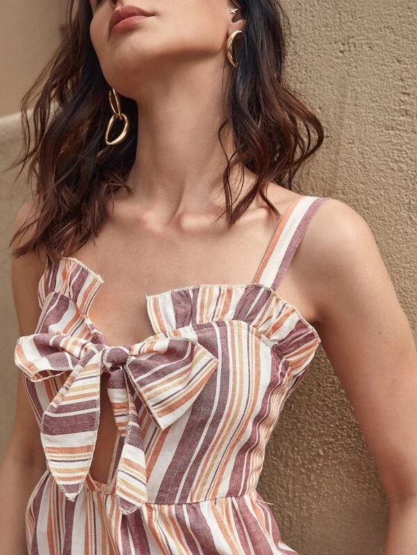 CM-JS204504 Women Trendy Bohemian Style Ruffle Trim Tie Front Striped Cami Jumpsuit