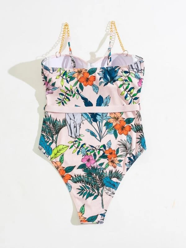 CM-SWS209454 Women Trendy Seoul Style Tropical Print Rib Underwire One Piece Swimsuit