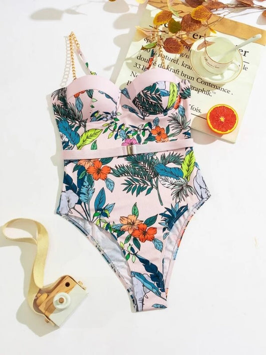 CM-SWS209454 Women Trendy Seoul Style Tropical Print Rib Underwire One Piece Swimsuit